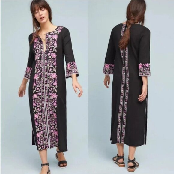 Misa Los Angeles Black And Pink Embroidered Cotton Caftan Dress Size XS - Picture 1 of 16